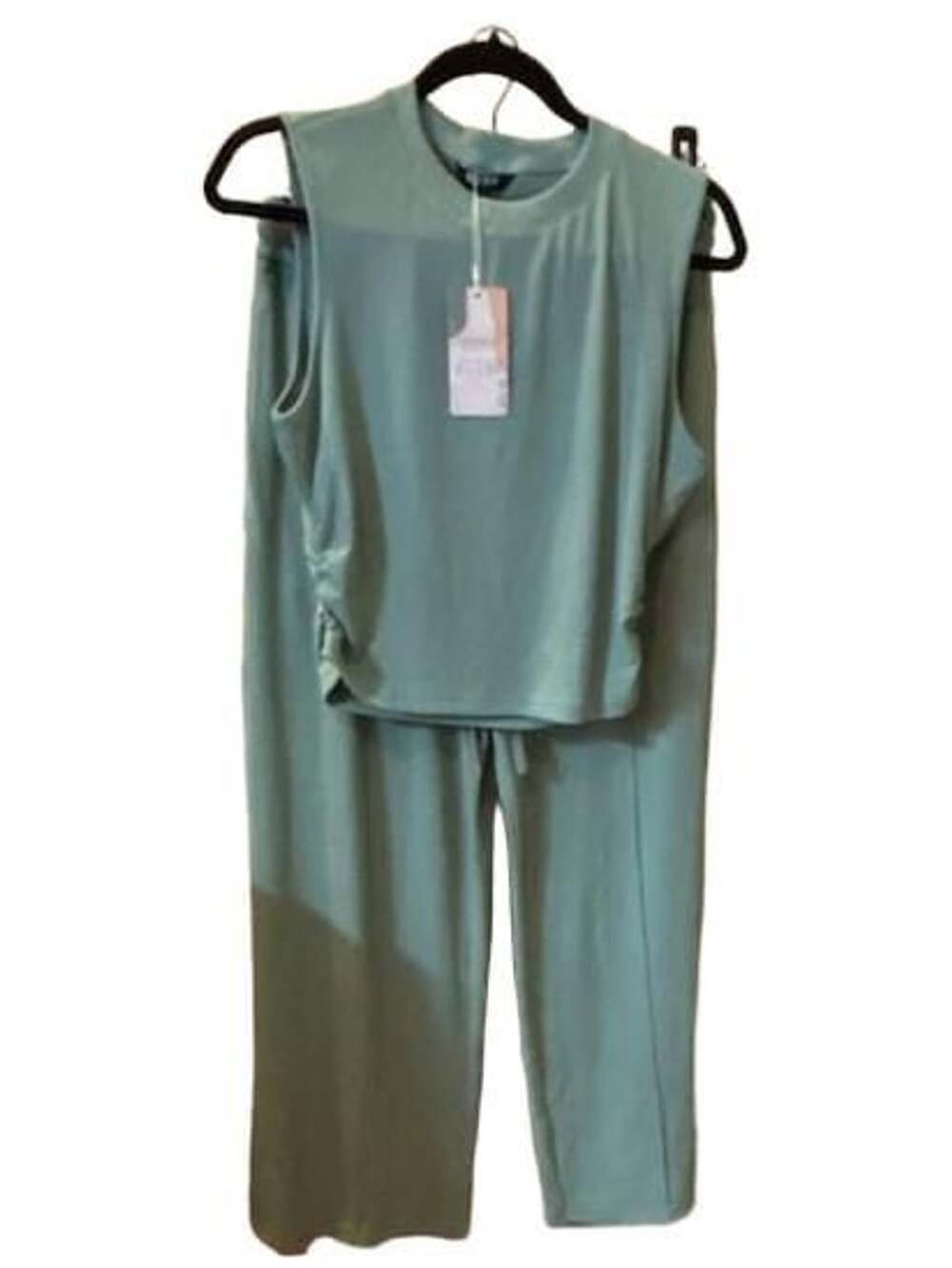 BTFBM Women's 2PC Set Ribbed Tank and Wide Leg Drawstring Pants Light Green